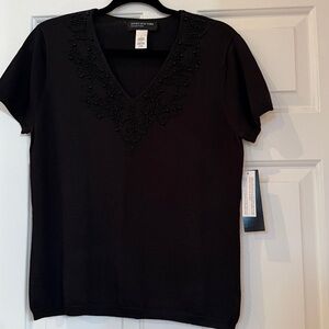 Jones New York Black Beaded V-Neck Top